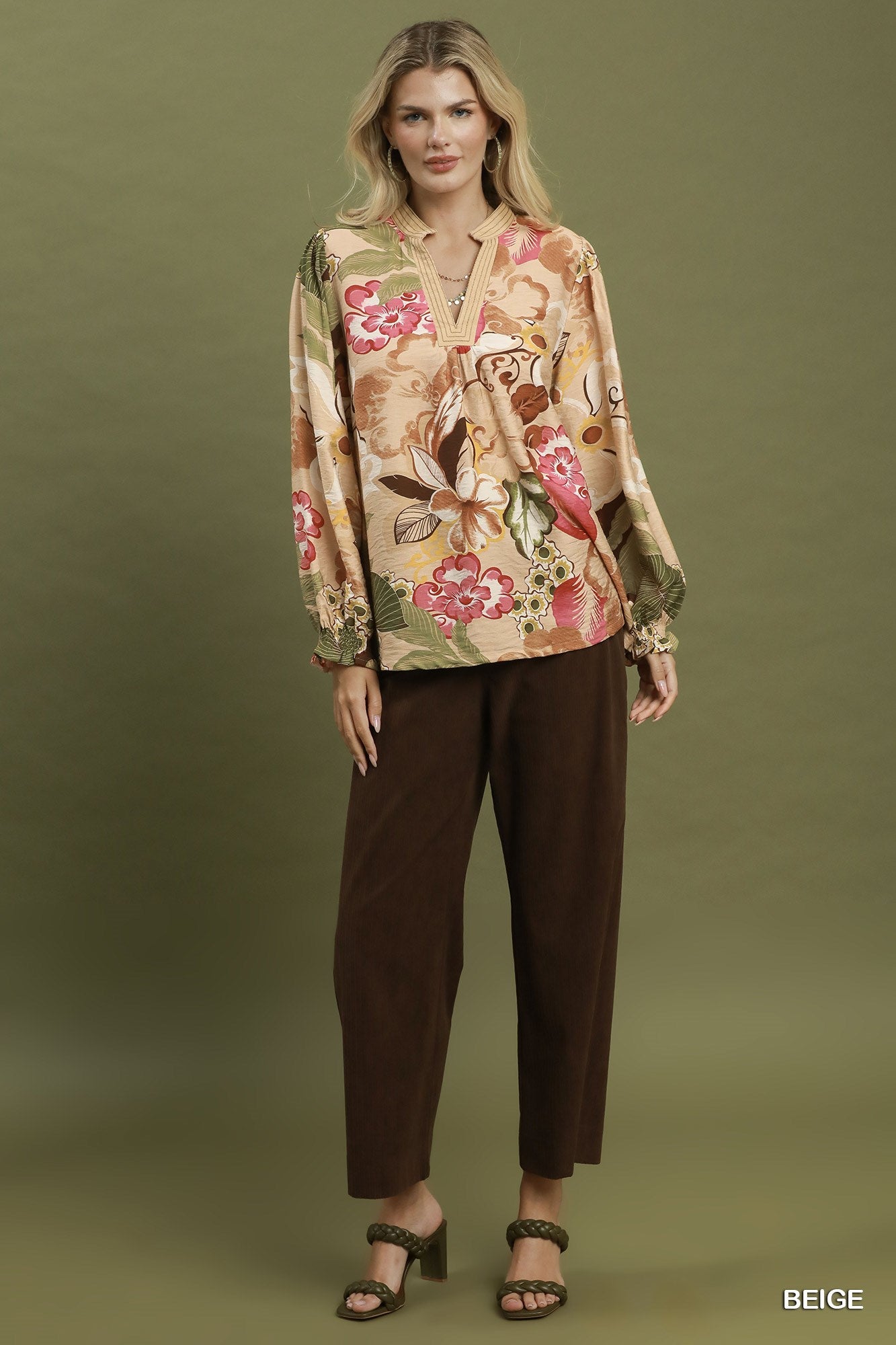 Floral Print Smocked Sleeve Blouse by Umgee in Olive