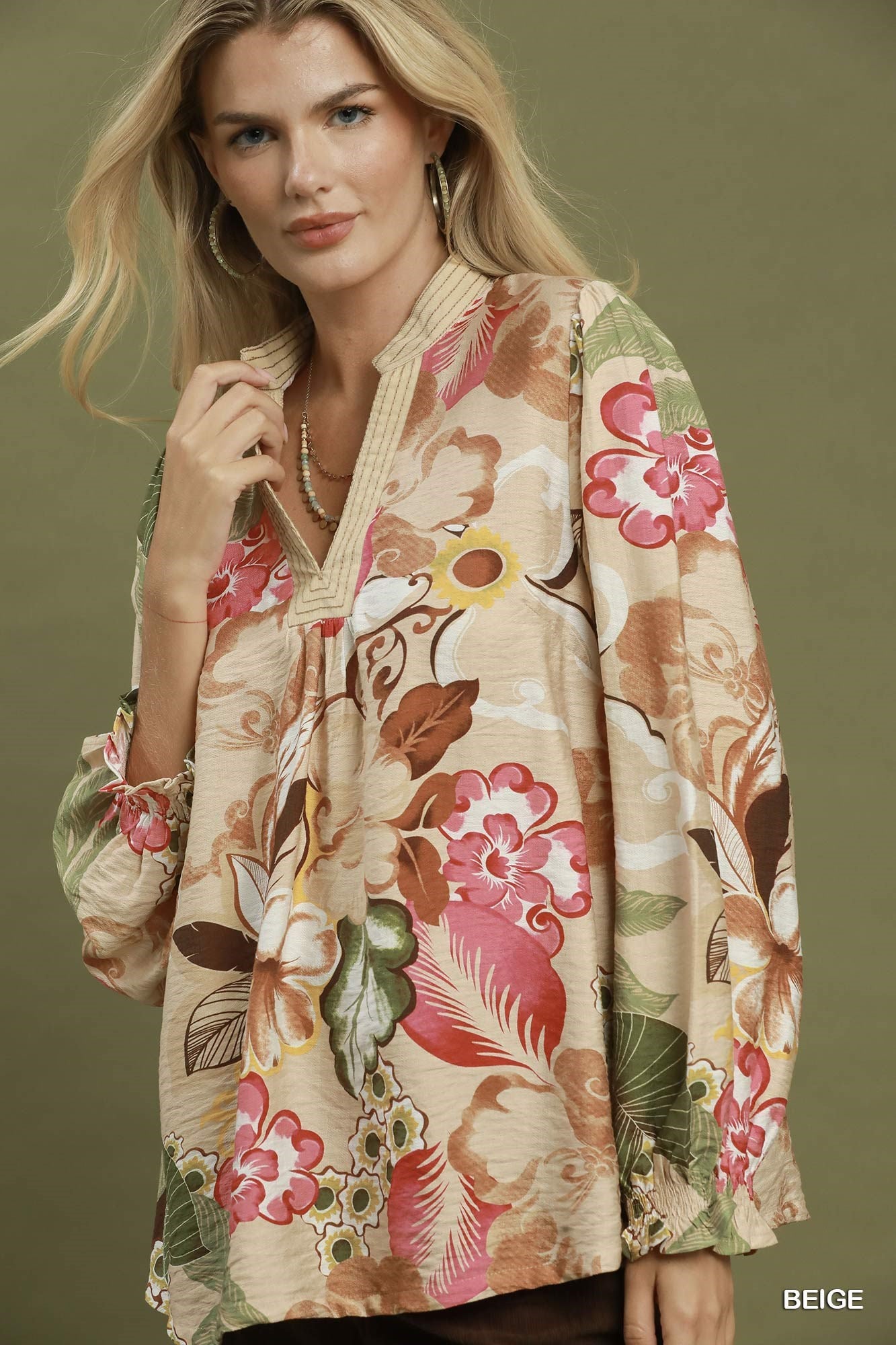Floral Print Smocked Sleeve Blouse by Umgee in Olive