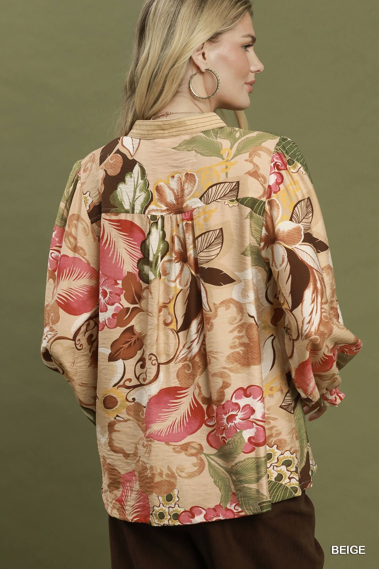 Floral Print Smocked Sleeve Blouse by Umgee in Olive