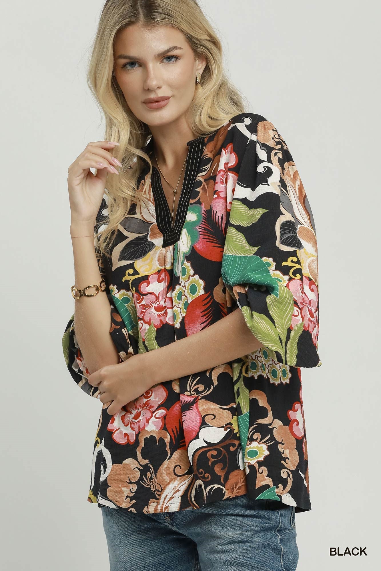 Floral Print Smocked Sleeve Blouse by Umgee in Black