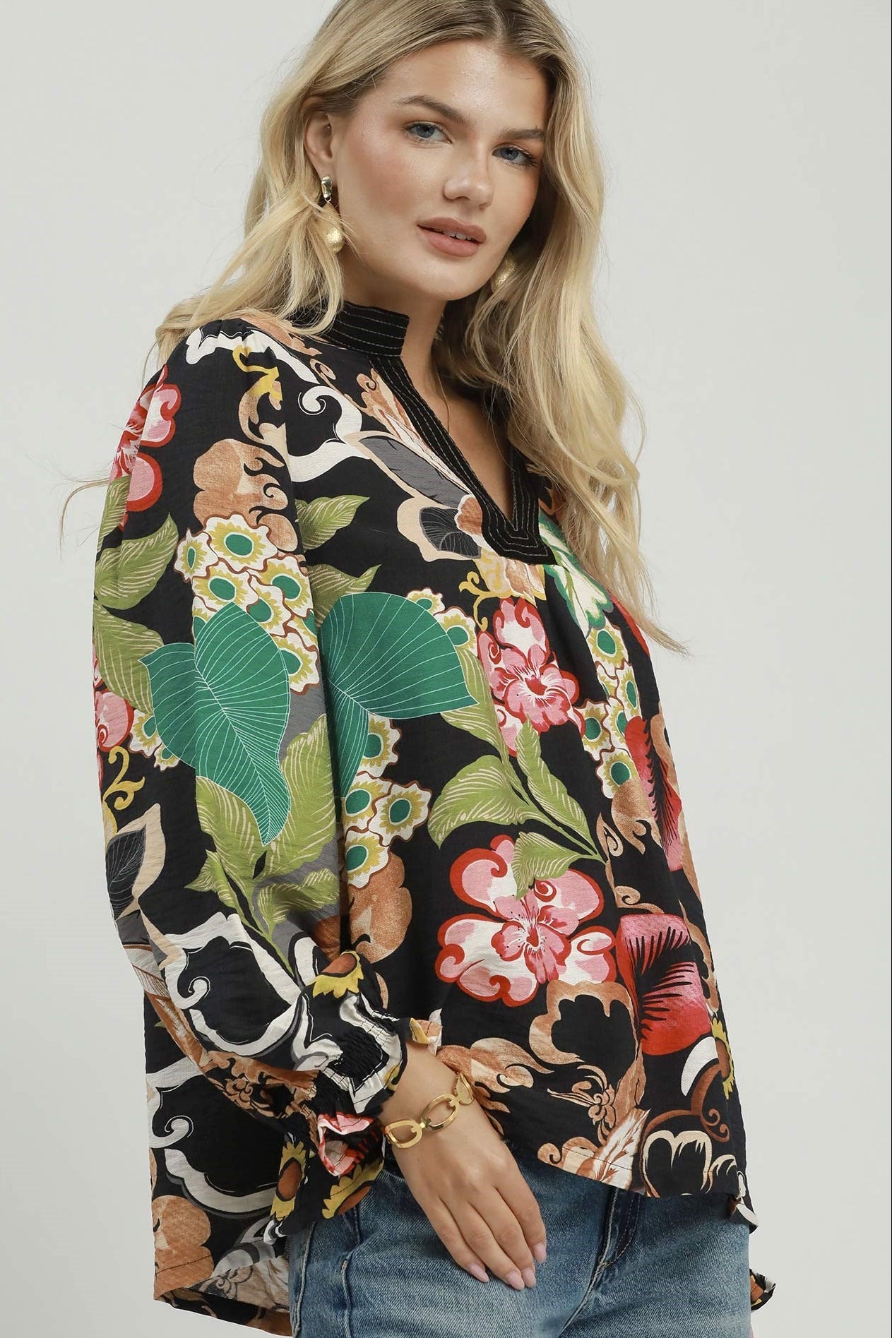 Floral Print Smocked Sleeve Blouse by Umgee in Black