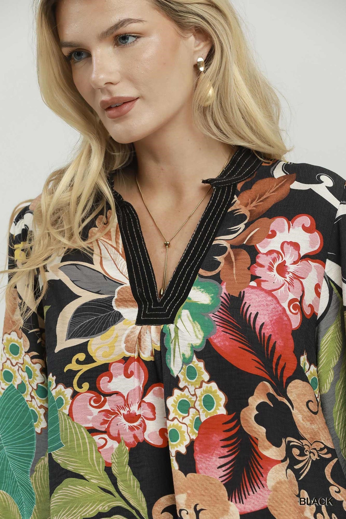 Floral Print Smocked Sleeve Blouse by Umgee in Black