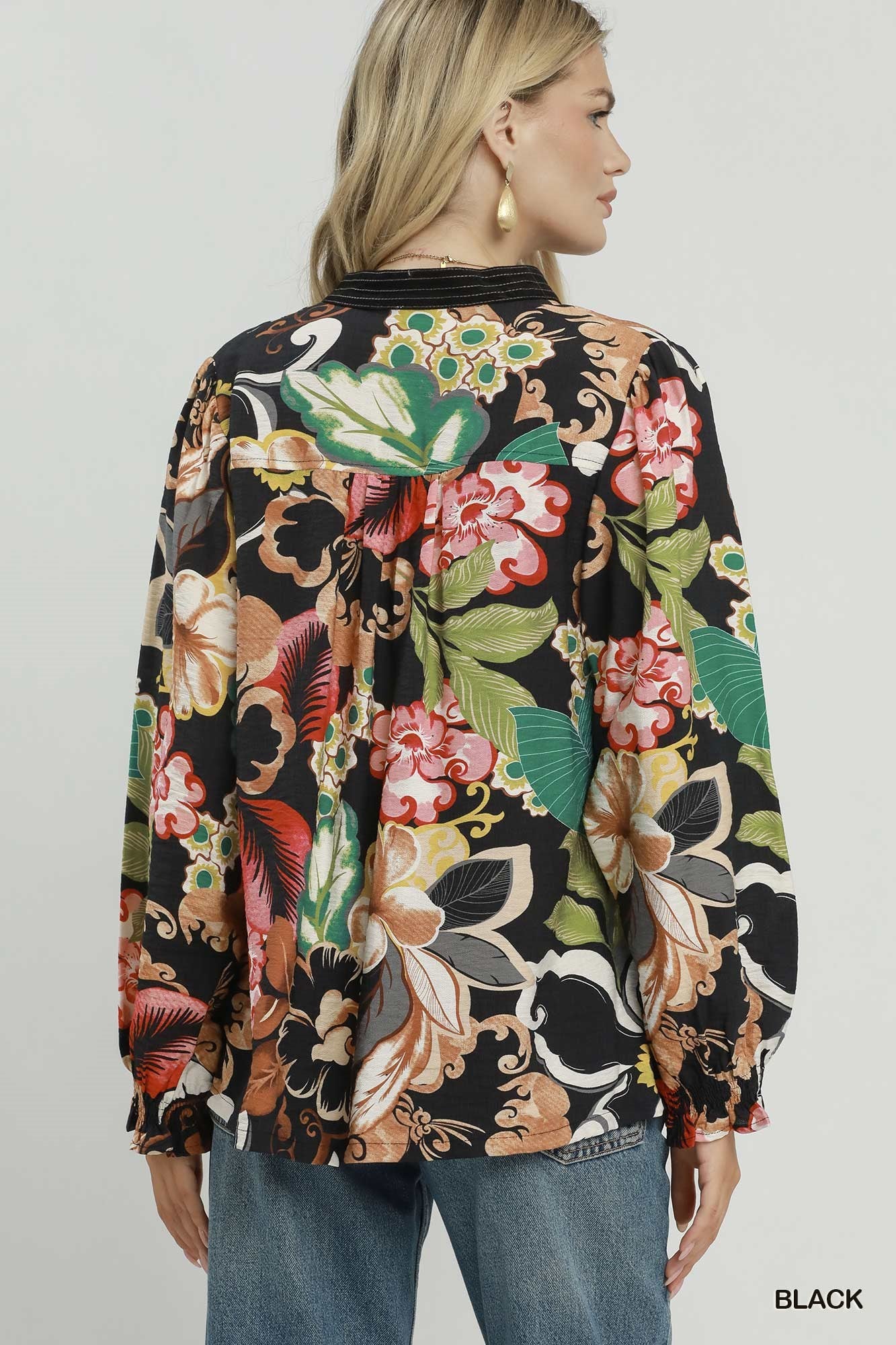 Floral Print Smocked Sleeve Blouse by Umgee in Black