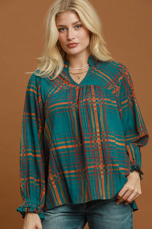 Abstract Plaid Print Lace Trim Peasant Blouse by Umgee in Teal Mix