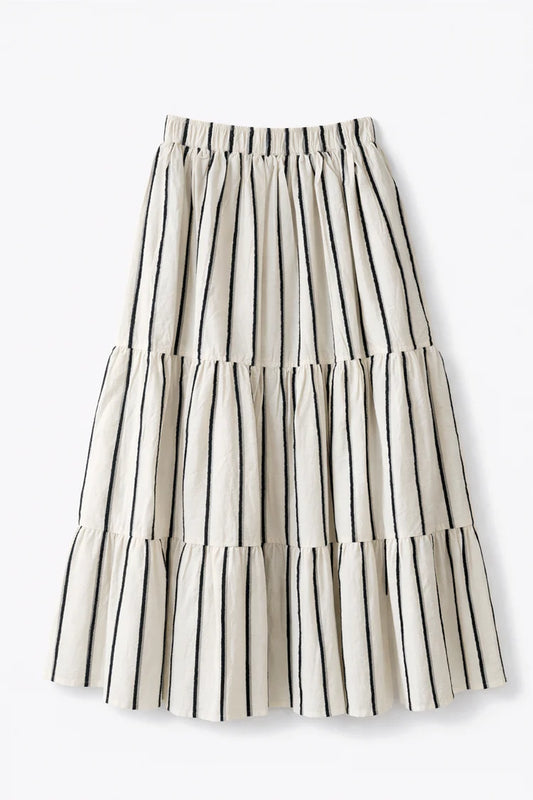Striped Flowy Tiered Midi Skirt by elle grey in White/Black Stripe