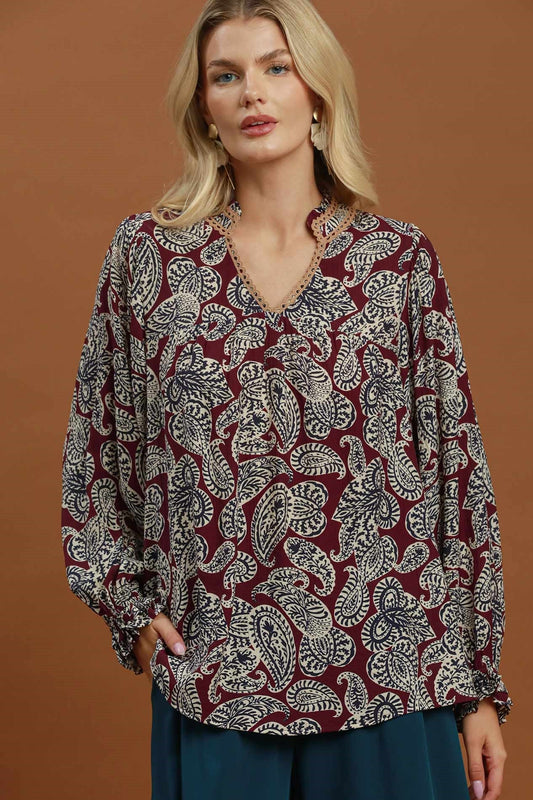 Mix Paisley Print V-Neck Blouse by Umgee in Plum Mix