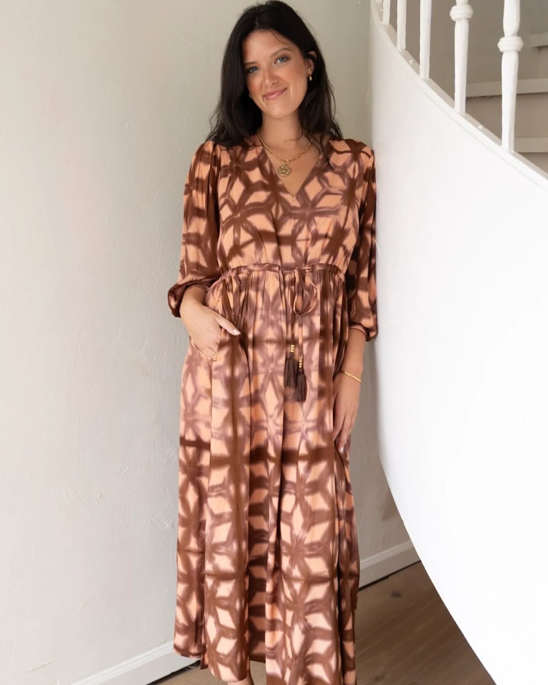 Milly Maxi Dress by Ex Voto in Brown & Pink