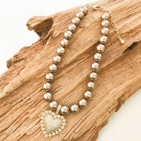 Heart Pendant on 16" Jumbo Round Shell Pearl Necklace in Gold