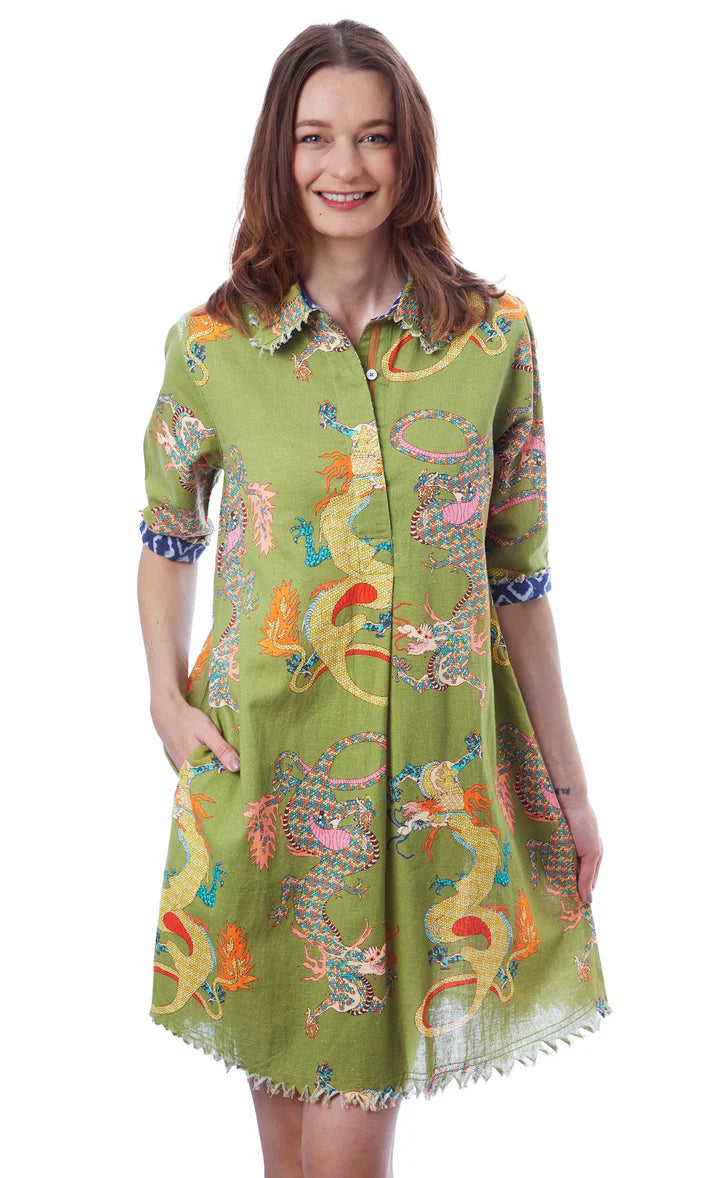 Chatham Popover Dress w/Fringe Details by Dizzy Lizzie in Green Dragons Print