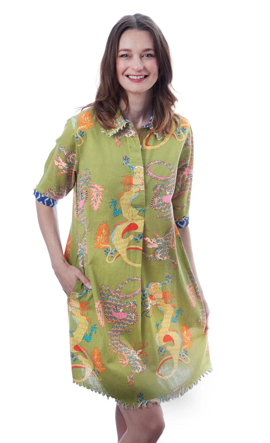 Chatham Popover Dress w/Fringe Details by Dizzy Lizzie in Green Dragons Print