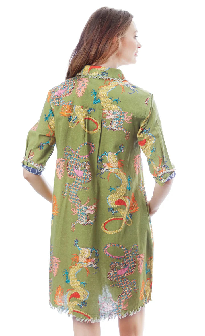 Chatham Popover Dress w/Fringe Details by Dizzy Lizzie in Green Dragons Print