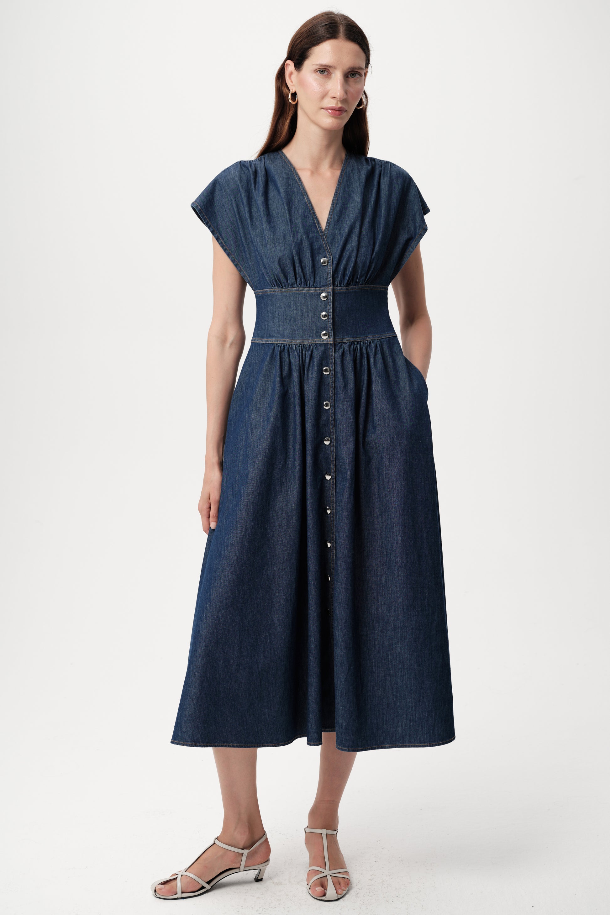 Evan Dropped Short Sleeve Fitted Midi Denim Dress