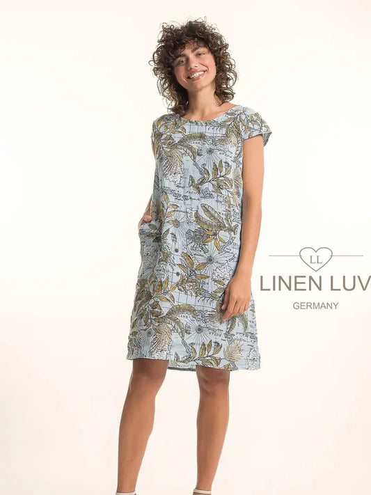 Map Print Dress by Linen Luv in Ciel