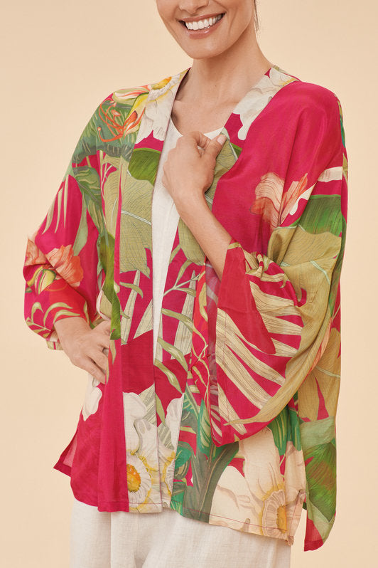 Delicate Tropical Kimono Jacket by Powder UK in Dark Rose