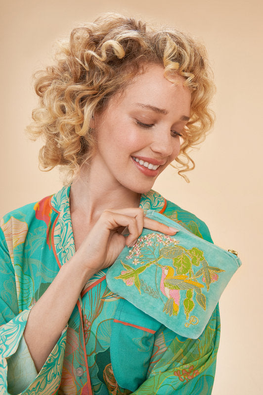 Velvet Embroidered Hummingbird Mini Pouch by Powder UK in Aqua