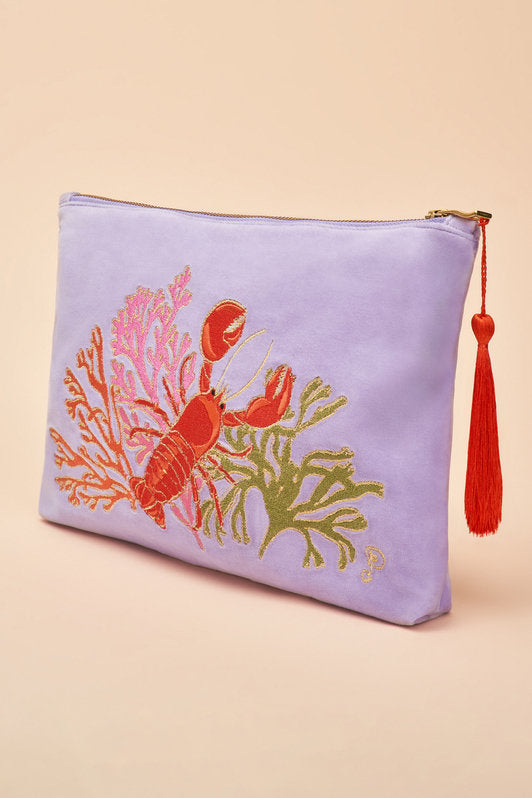 Lobster Buddies Velvet Embroidered Zip Pouch by Powder UK in Lavender