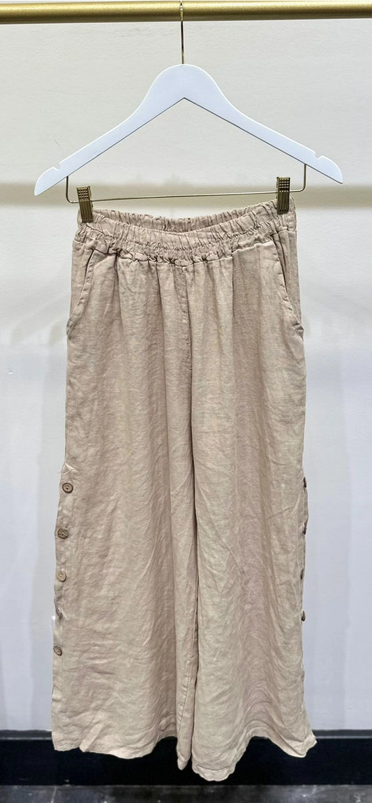 Wide Leg Side Button Linen Pant by Milio Milano in Earth Beige