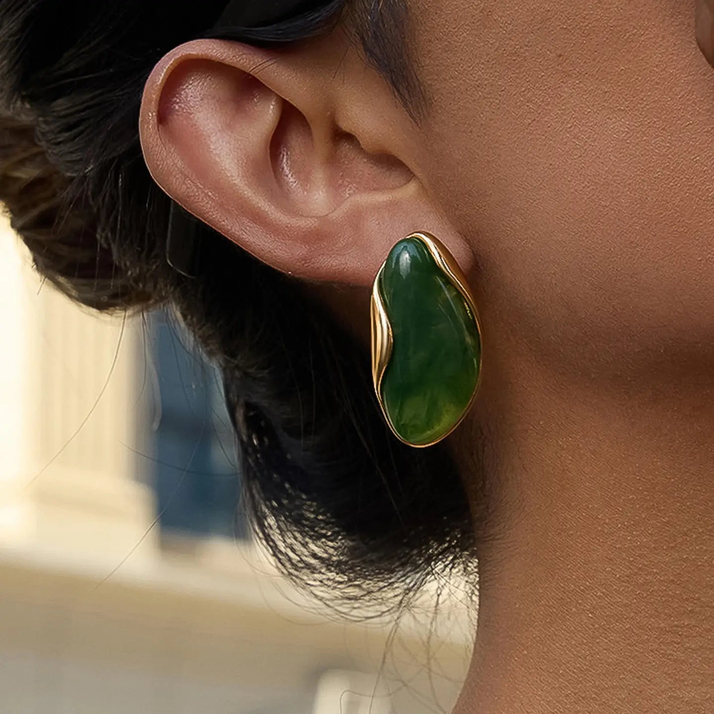 Maelie 18K Gold Non-Tarnish Resin Drop Earring by Flanerie by MAIQ in Green