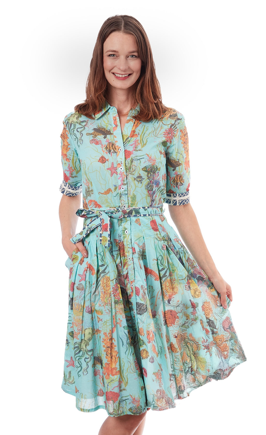 Mrs. Maisel Dress w/Pockets by Dizzy Lizzie in Turquoise Sealife