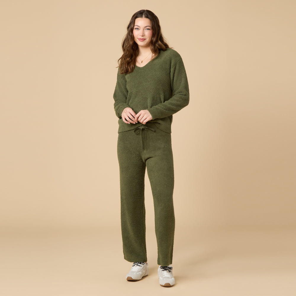 Solid Marshmallow V-Neck Lounge Set by Softies in Olive