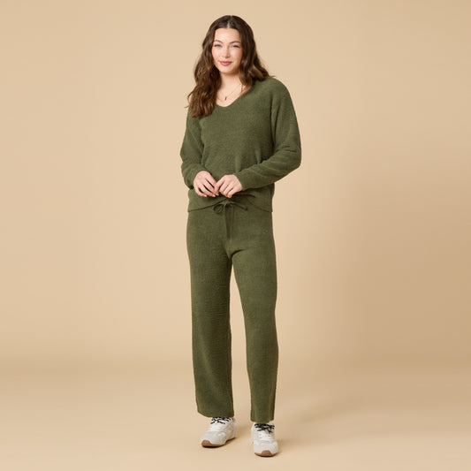 Solid Marshmallow V-Neck Lounge Set by Softies in Olive