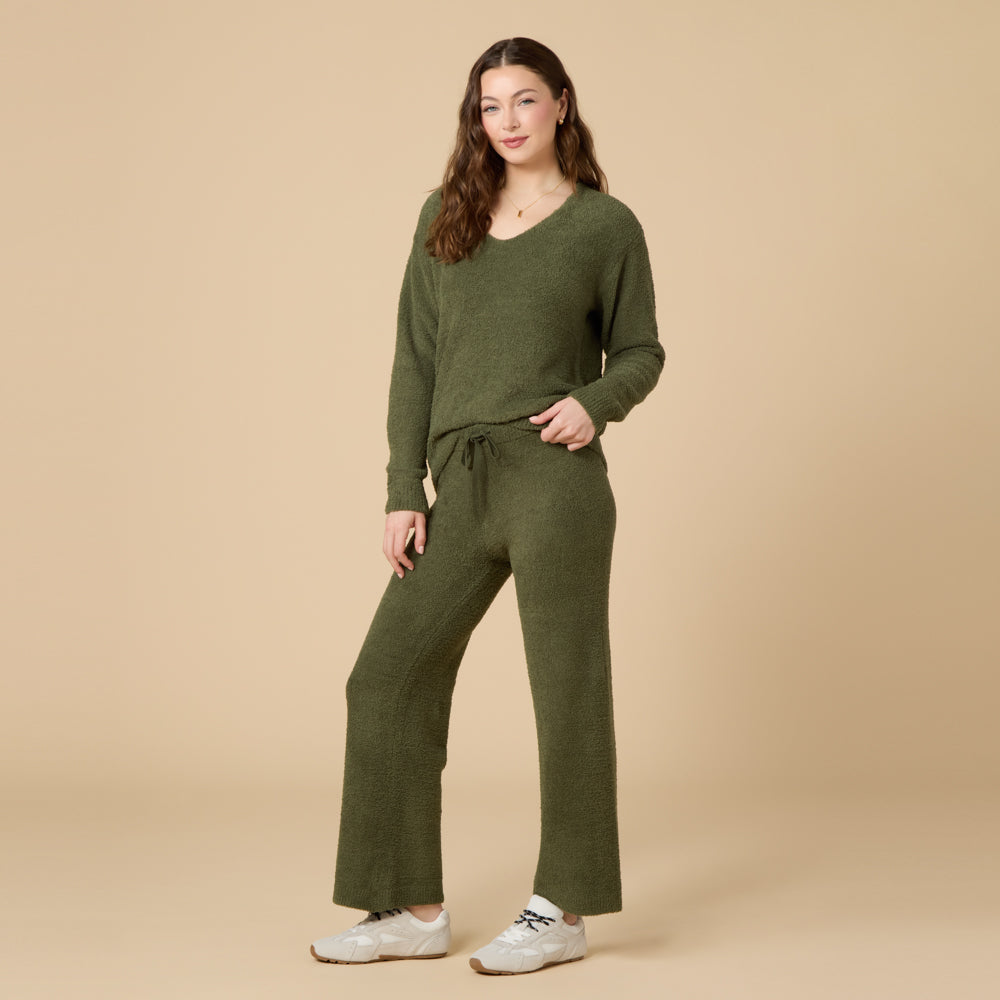 Solid Marshmallow V-Neck Lounge Set by Softies in Olive
