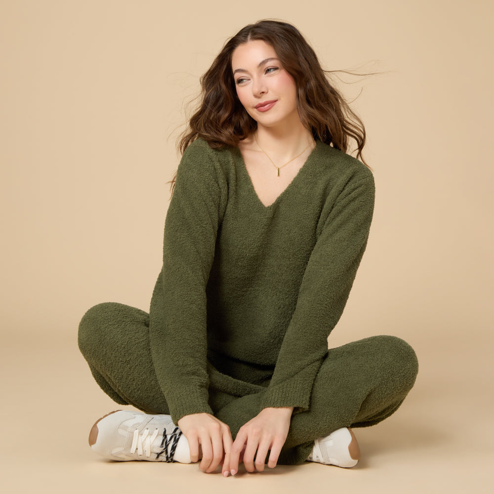 Solid Marshmallow V-Neck Lounge Set by Softies in Olive