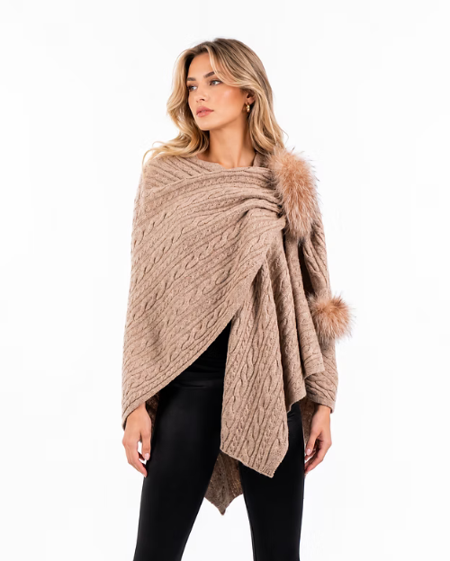 Cable Wool Pullthrough Wrap w/Fox Trim and Poms by Mitchie's Matchings in Beige