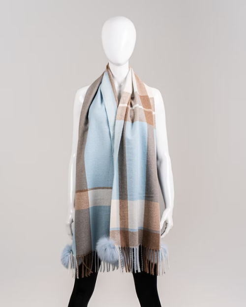 Plaid Narrow Woven Scarf w/Fox Pompoms by Mitchie's Matchings in Baby Blue