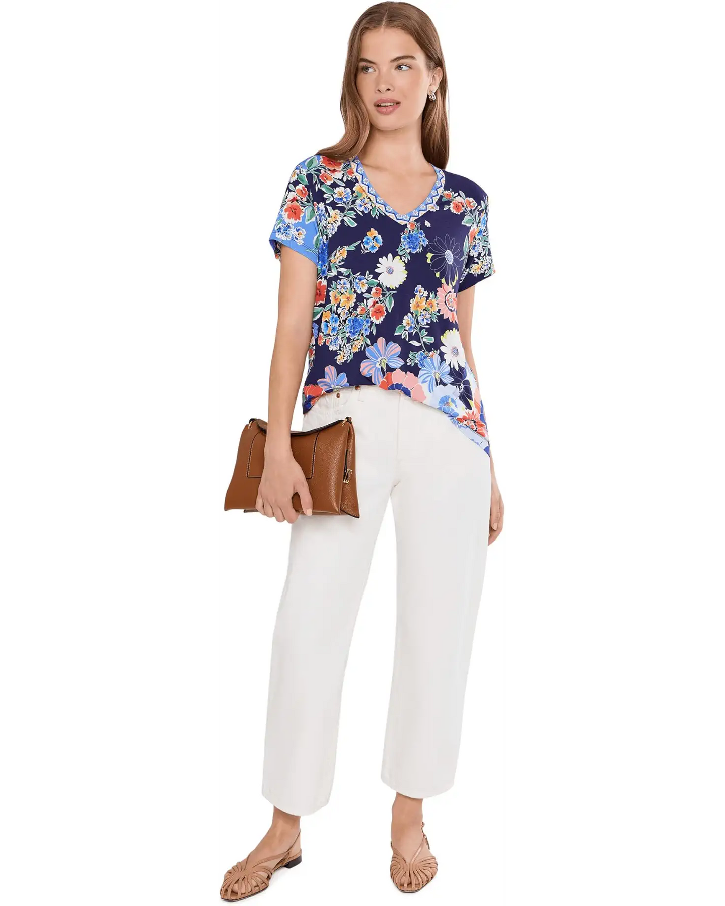 The Janie Favorite Short Sleeve V-Neck Tee by Johnny Was in Tiana Scarf