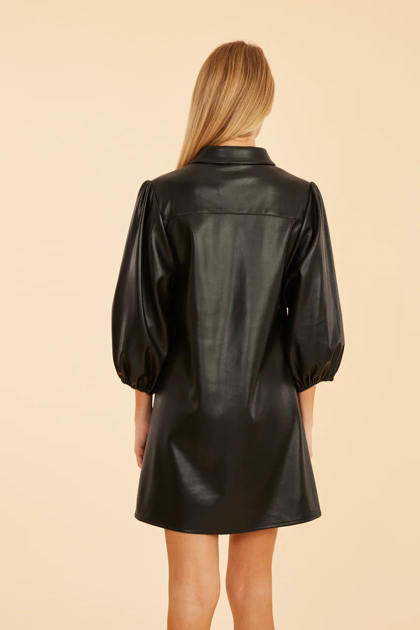 Classic Faux Leather Dress with Puff Sleeves by Dolce Cabo in Black