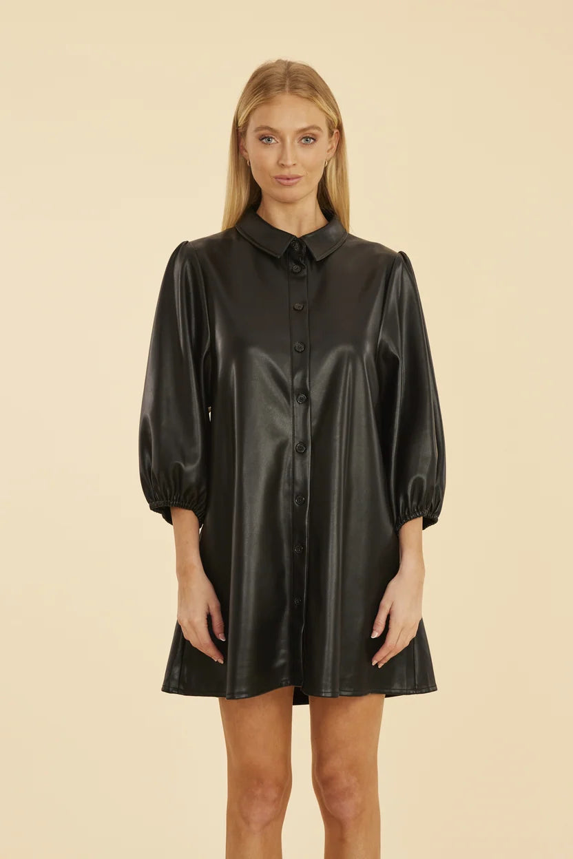 Classic Faux Leather Dress with Puff Sleeves by Dolce Cabo in Black