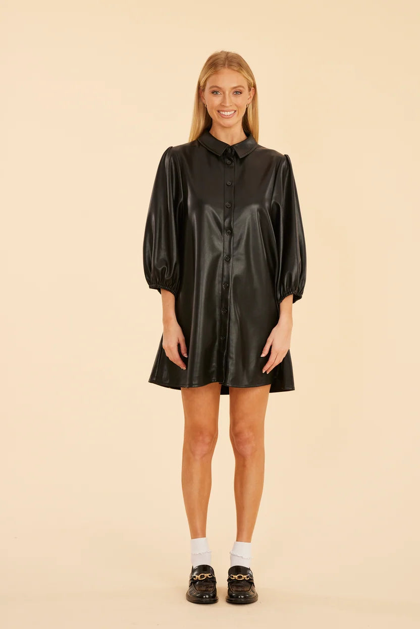 Classic Faux Leather Dress with Puff Sleeves by Dolce Cabo in Black