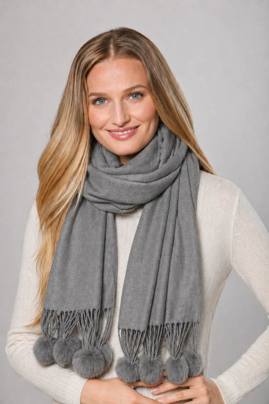 Cashmere Blend Wrap with Rex Rabbit Pom Poms by Linda Richards in Charcoal