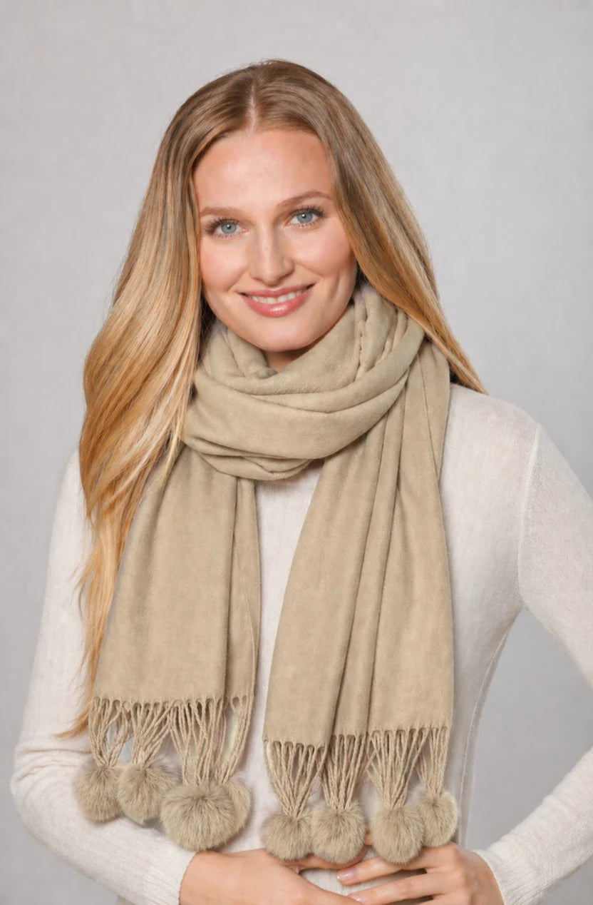 Cashmere Blend Wrap with Rex Rabbit Pom Poms by Linda Richards in Oatmeal