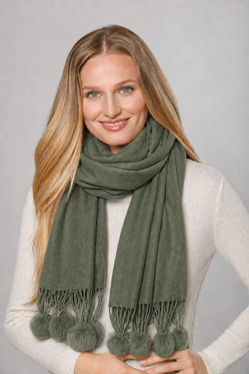 Cashmere Blend Wrap with Rex Rabbit Pom Poms by Linda Richards in Olive Green