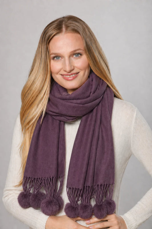 Cashmere Blend Wrap with Rex Rabbit Pom Poms by Linda Richards in Wine