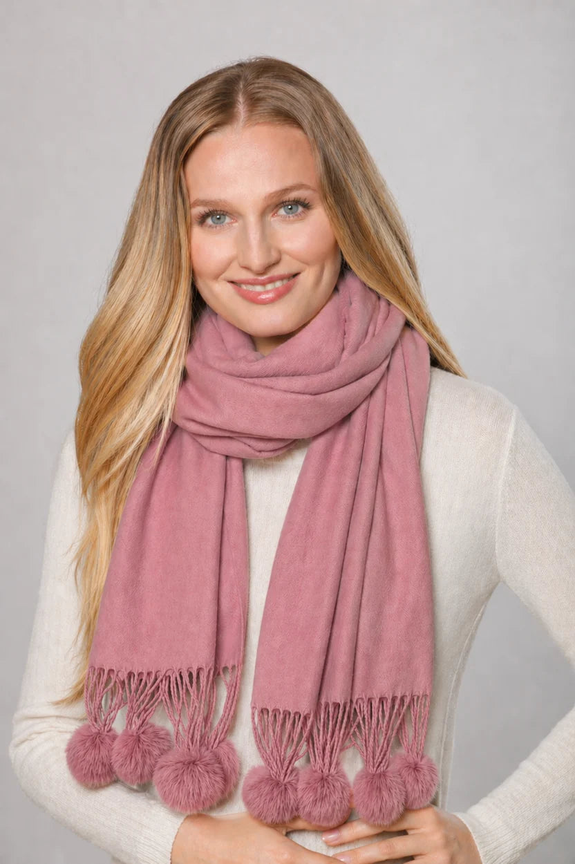 Cashmere Blend Wrap with Rex Rabbit Pom Poms by Linda Richards in Dusty Rose