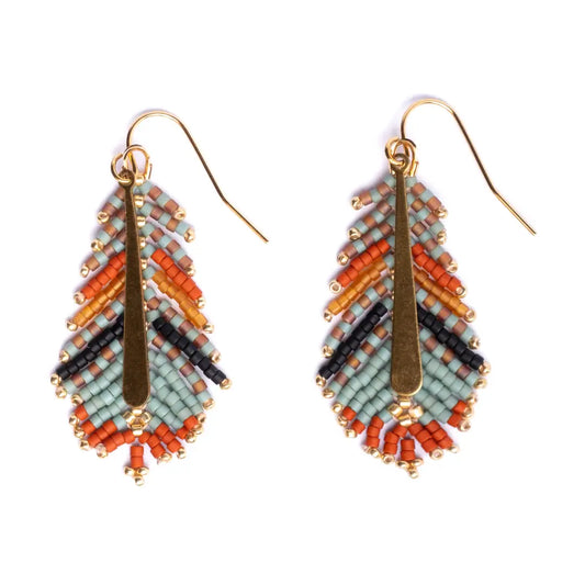 Beaded Handwoven Gilded Feather Earrings by Mayana Designs in Rust/Aqua