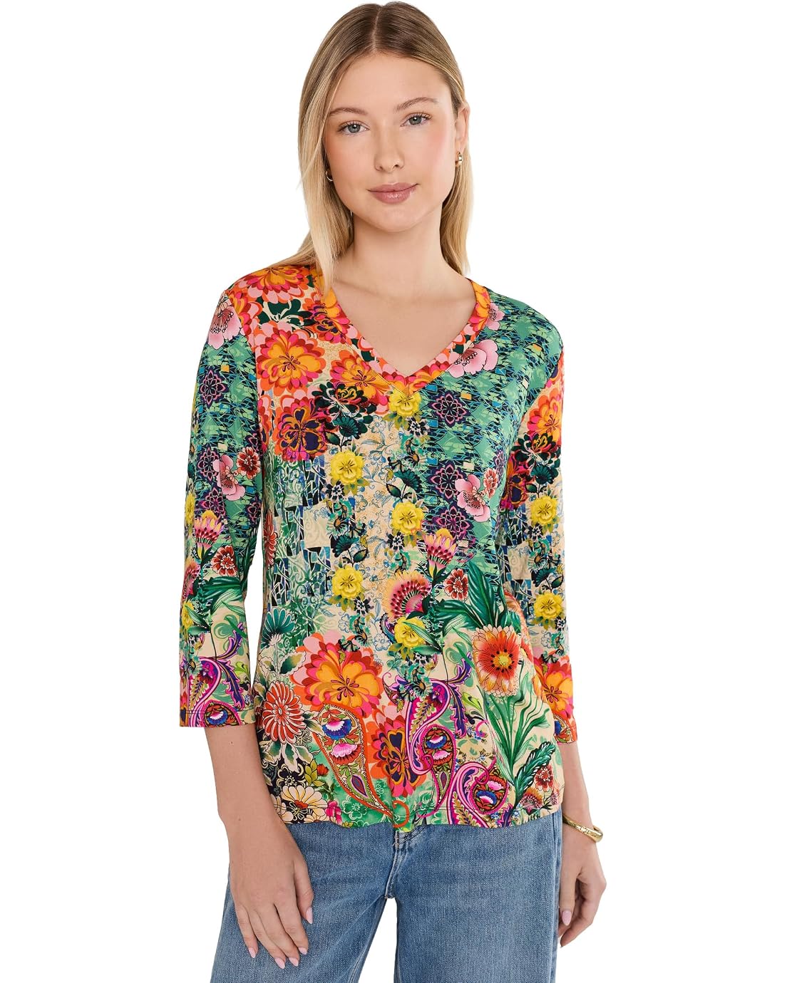 The Janie Favorite 3/4 Sleeve V-Neck Tee by Johnny Was in Carlina Scarf