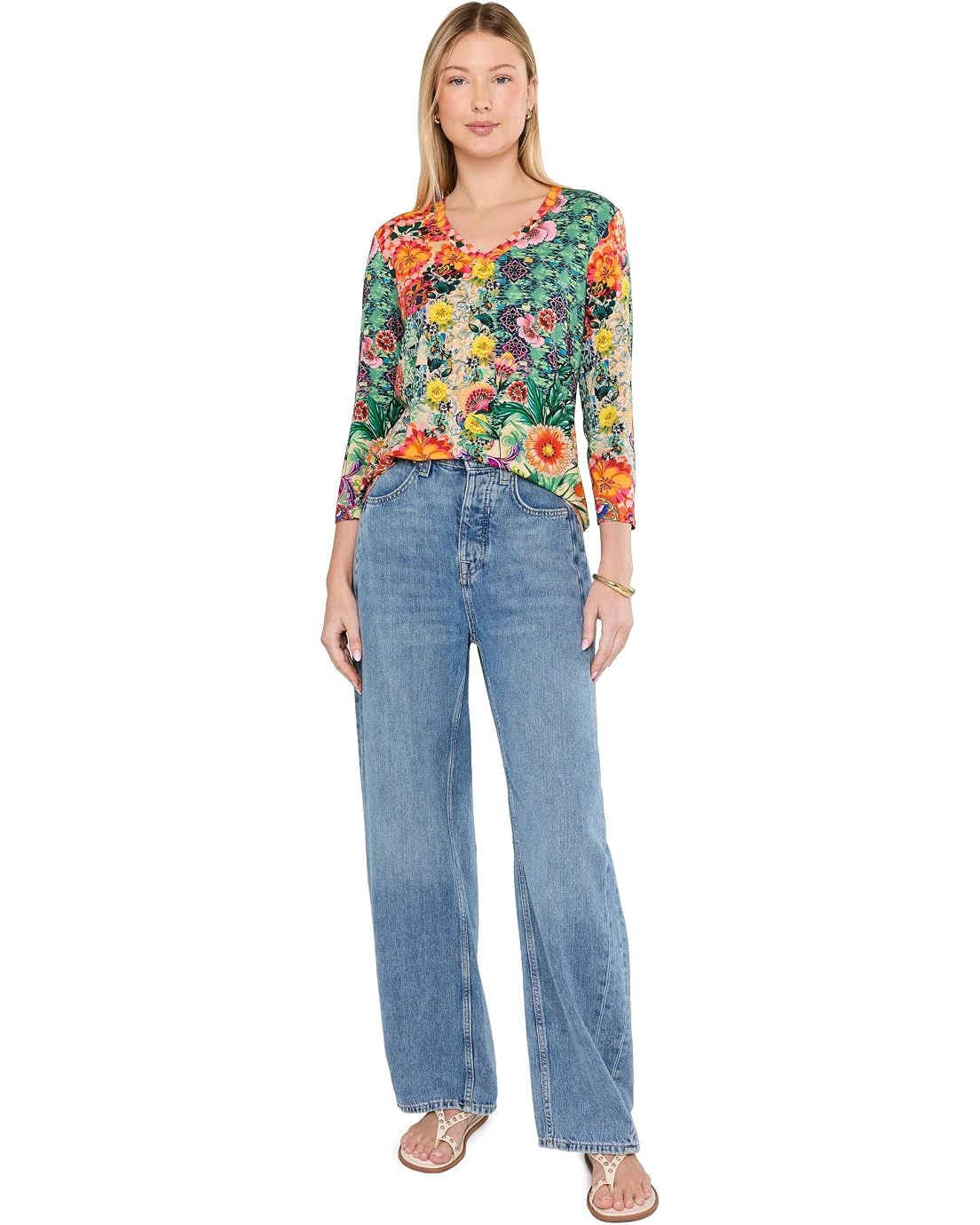 The Janie Favorite 3/4 Sleeve V-Neck Tee by Johnny Was in Carlina Scarf