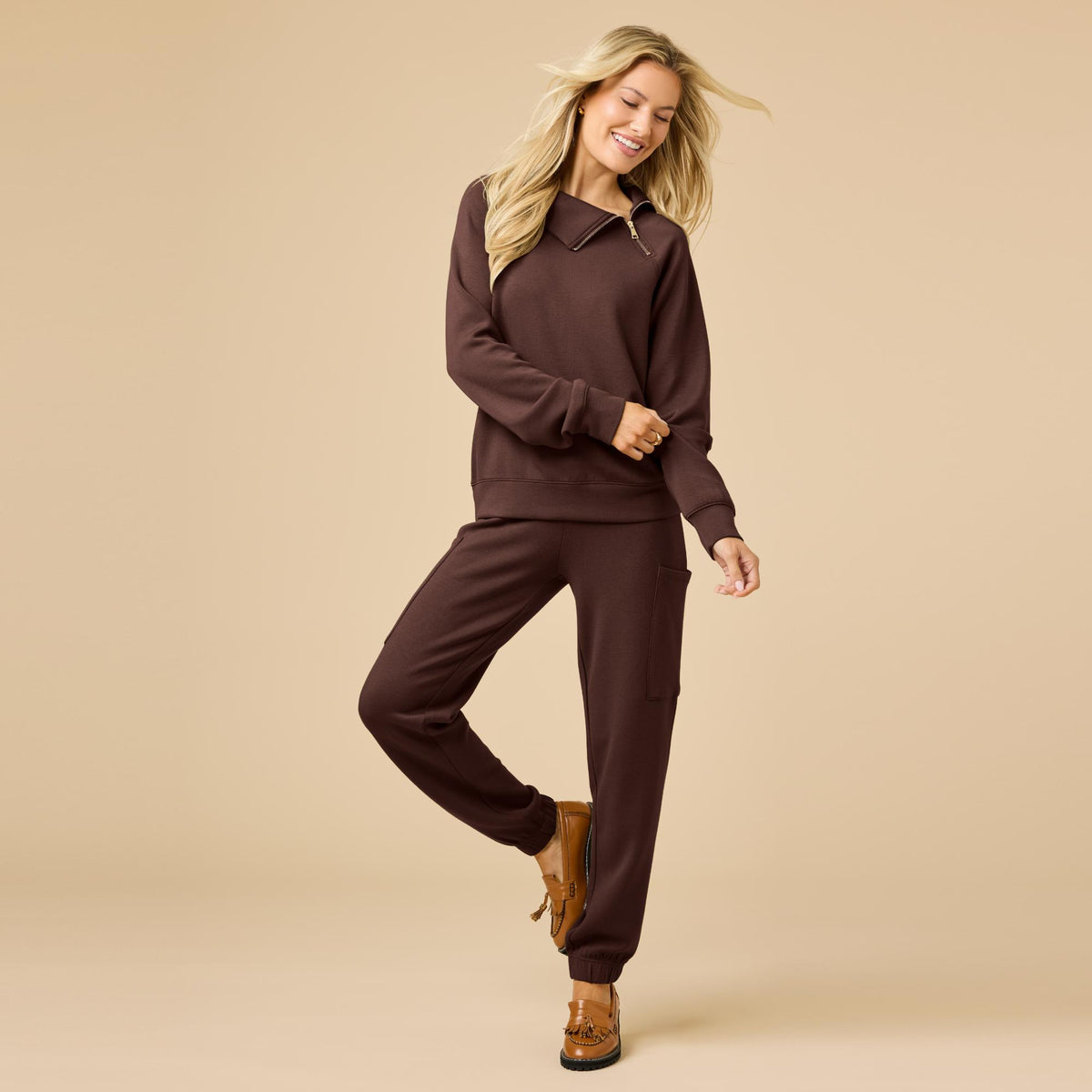 DreamTech Zip Mock Neck w/Pant Set by Softies in Espresso