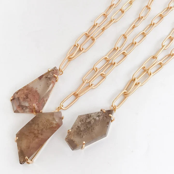 Gemstone Pendant on 18" XL Paperclip Necklace by Virtue Jewelry Design in Rutilated Quartz