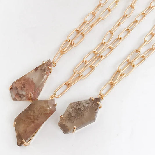 Gemstone Pendant on 18" XL Paperclip Necklace by Virtue Jewelry Design in Rutilated Quartz
