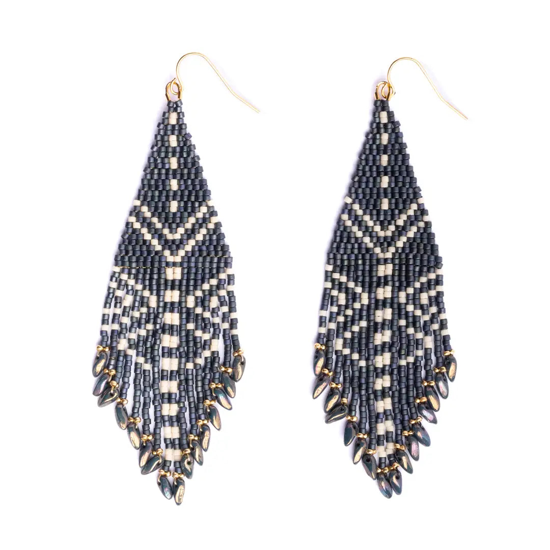 Beaded Handwoven Taos Fringe Earrings by Mayana Designs in Teal