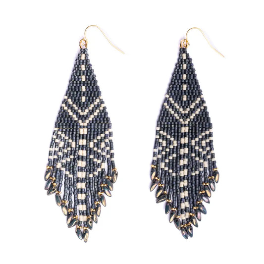 Beaded Handwoven Taos Fringe Earrings by Mayana Designs in Teal