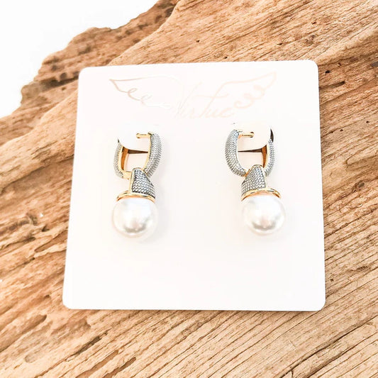 Pave Link Hinge Pearl Drop Earrings by Virtue Jewelry