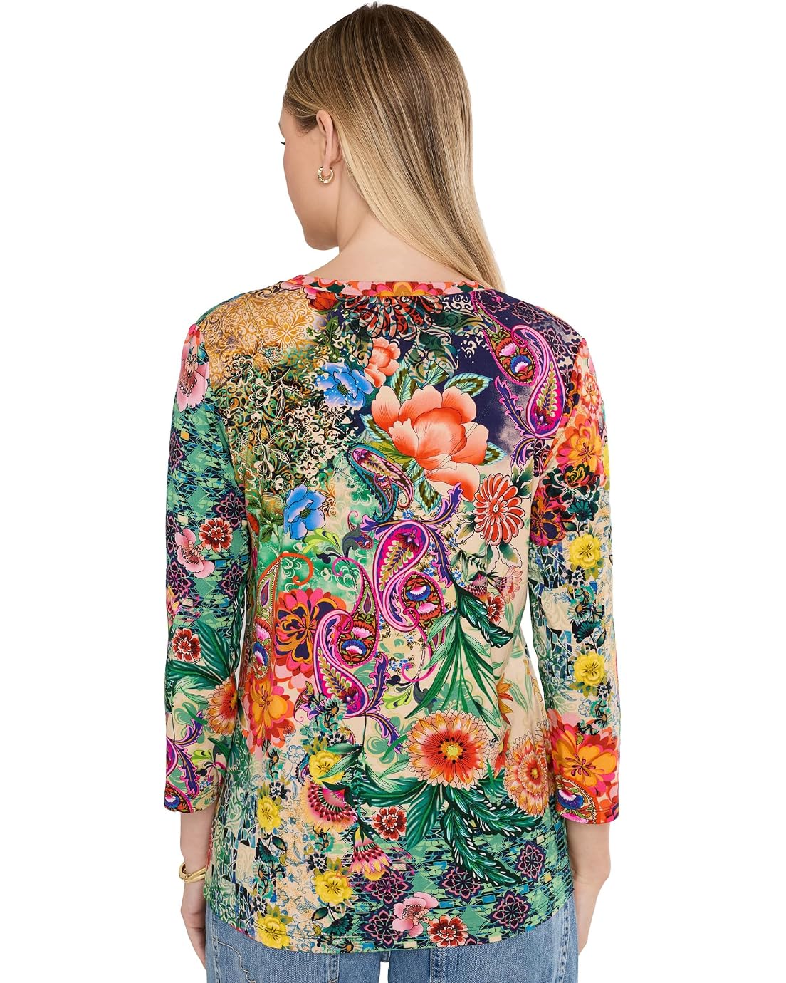 The Janie Favorite 3/4 Sleeve V-Neck Tee by Johnny Was in Carlina Scarf