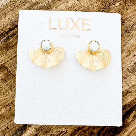 The LIZ LUXE Pearl Stud w/ Fan Earrings by Virtue Jewelry