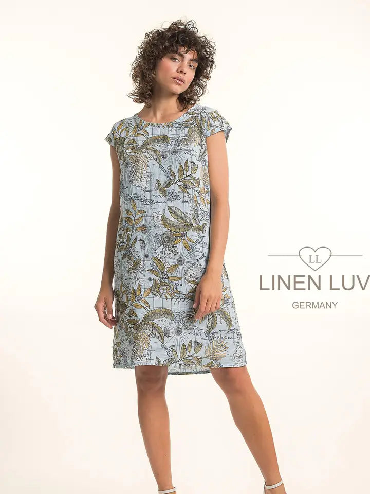 Map Print Dress by Linen Luv in Ciel